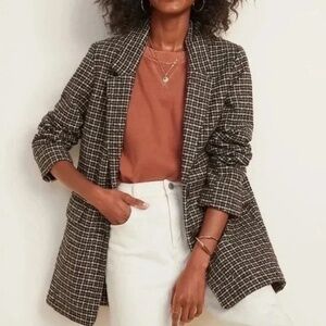 Brown and White Plaid Oversized Tweed Blazer Size L